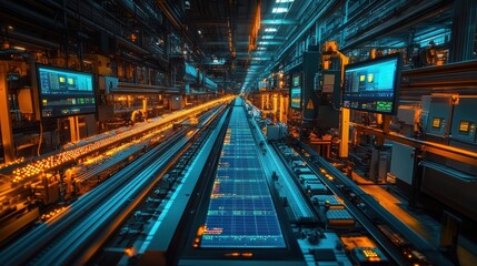 An industrial factory with a long line of machinery and computers.