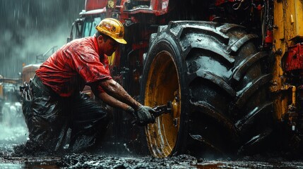 A worker in a red shirt and yellow hard hat is working on a large tractor tire in the mud while it is raining.