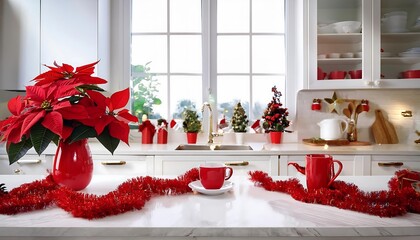 Fototapeta premium Festive white kitchen counter adorned with red Christmas decorations, featuring poinsettias and festive accents. Generative AI