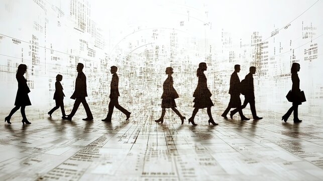 Silhouetted business figures walking across a giant GDP and inflation scatter plot, data visualization, economic journey  