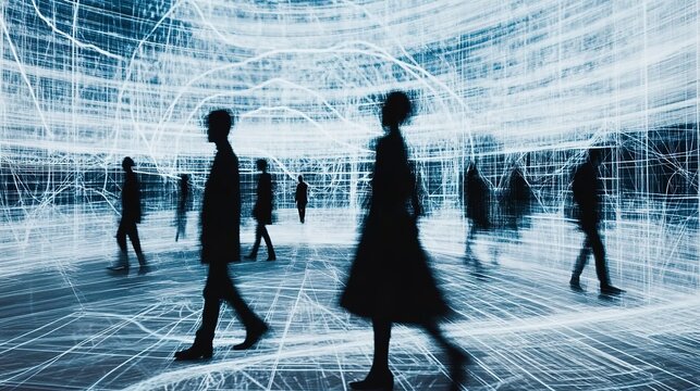 Silhouetted business figures walking across a giant GDP and inflation scatter plot, data visualization, economic journey 
