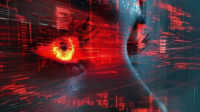 Close up of a woman eye with glowing red financial data and animation effect, showcasing the concept of futuristic finance technology