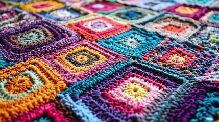 Colorful Crochet Blanket: A Close-Up View of Texture and Pattern