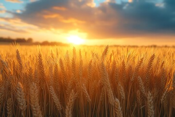 Obraz premium Golden wheat field at sunset with warm light, clouds and sun in the background