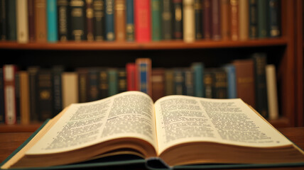 Obraz premium Blurred library bookcase filled with academic books, open book close-up with pages filled with highlighted text lying on table in foreground with warm lighting ambient and studious atmosphere.