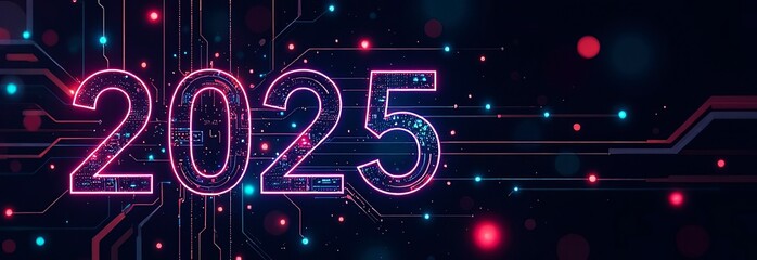 number 2025 with neon light effects and circuits on dark technological background, banner. with copy space. concept: marketing materials for tech companies promoting futuristic products or services