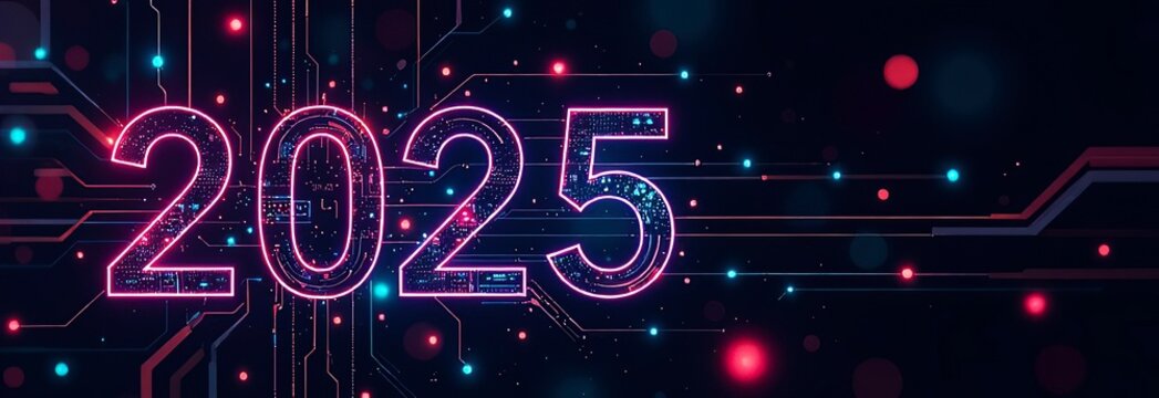 number 2025 with neon light effects and circuits on dark technological background, banner. with copy space. concept: marketing materials for tech companies promoting futuristic products or services