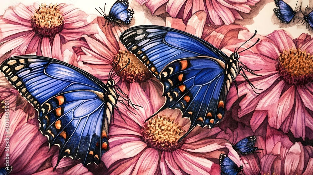 Poster purple and pink aster flowers and blue butterflies painted in watercolor  