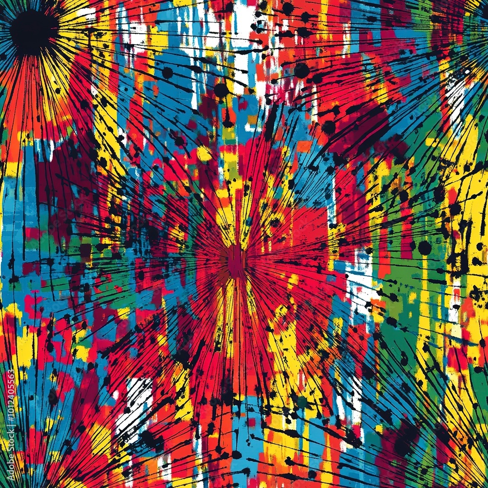 Poster punk pop rock style starburst elements with color splash abstract background, seamless pattern.