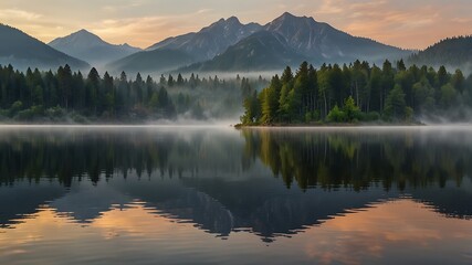 Fototapeta premium Misty Mountain Reflection at Sunrise