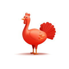 Orange stylized turkey bird, 3D. Domestic bird for advertising and design concepts. Cartoon character on a white background. Vector illustration.