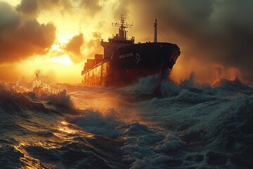 A large cargo ship sails through stormy seas at sunset.