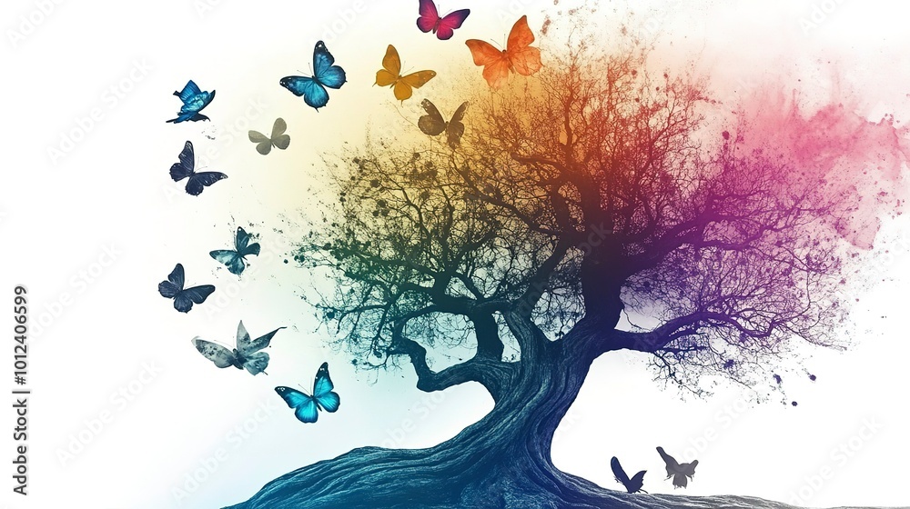 Wall mural Multicolored rainbow tree, flying butterflies with watercolor paint  