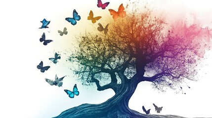 Multicolored rainbow tree, flying butterflies with watercolor paint  