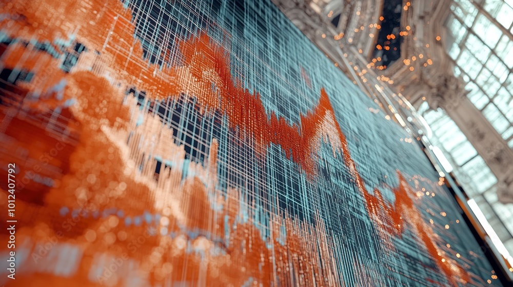 Canvas Prints Large digital stock chart showing orange and blue candles in a high-tech environment. Data shows market volatility and financial analysis, focusing on price trends 