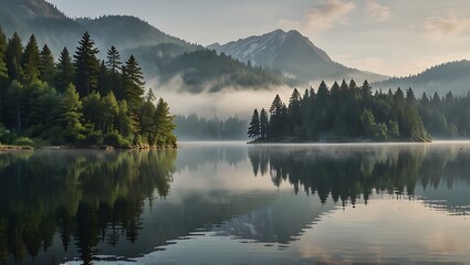 Misty Mountain Lake with Reflections