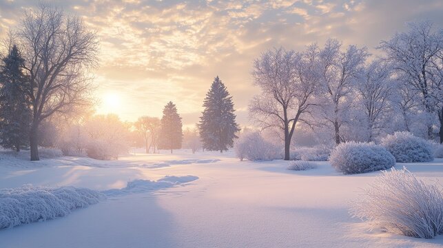 A captivating real-life photo capturing the essence of the first day of winter, showcasing a serene snowy landscape with bare trees and frost-covered ground, providing ample space for adding seasonal 