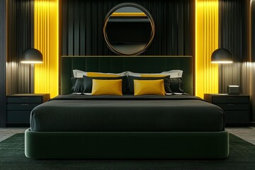 luxury dark green bed in futuristic hotel room with sleek furniture featuring black and yellow palette and elegant lamps 