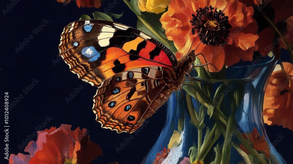 Poster Illustration of Vermeer butterfly and flowers in a vase painting art pattern. 