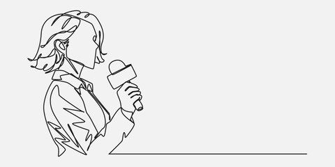Continuous one line drawing of female reporter, journalist with a news microphone in hand. Isolated background. Vector illustration.
