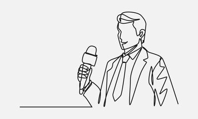 Continuous one line drawing of male reporter, journalist with a news microphone in hand. Isolated background. Vector illustration.