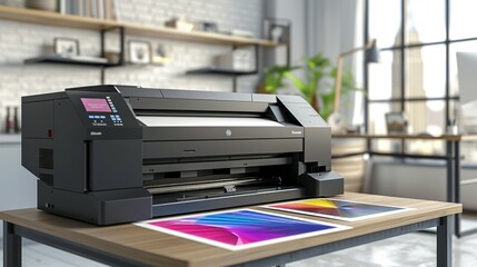 Large Format Printer with Vibrant Color Prints on a Wooden Table
