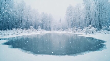 A serene winter scene of a frozen pond surrounded by snow-covered trees, with gentle snowfall adding to the tranquility.
