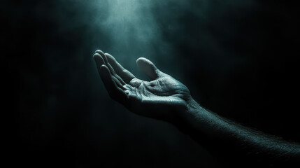hand reaching out in dark, atmospheric setting, illuminated by soft light, evokes sense of hope and longing. intricate details of hands texture add depth to image