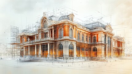 A  sketchy illustration of an old and large building surrounded by scaffolding. The building is made of brick and has large windows. It is  set against a cloudy sky.