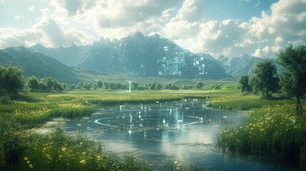 A tranquil meadow with a serene lake and mountains in the background. Digital effects create a mystical atmosphere.