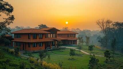 Obraz premium Two story brick building with large windows overlooking a lush lawn and forest at sunrise.