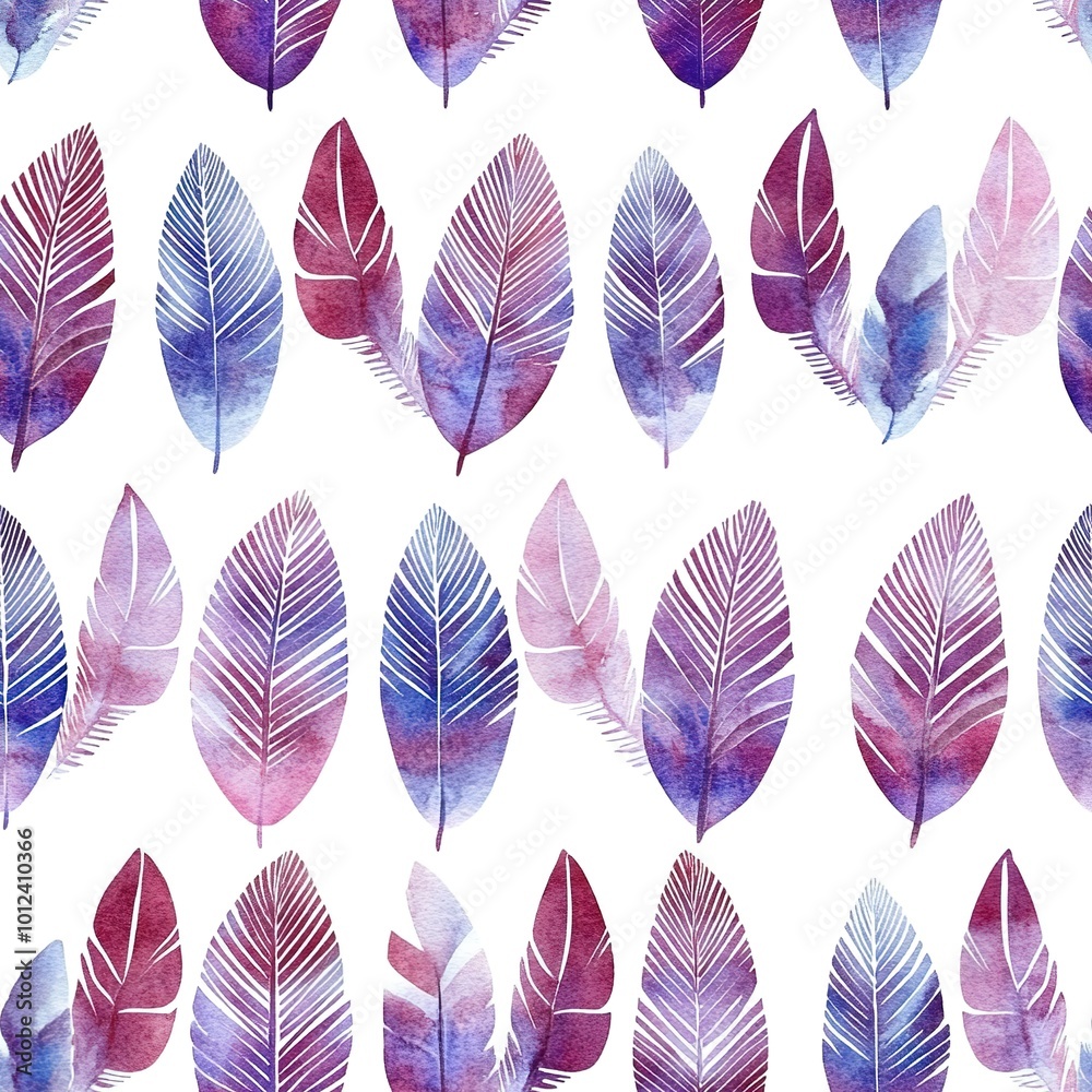 Wall mural Flat watercolor feather repeating pattern tile feathers seamless background pattern with feathers pattern tile, seamless pattern with feathers.  