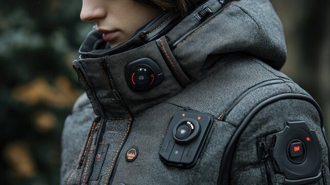 Closeup of a woman wearing a futuristic gray jacket with several technological attachments.