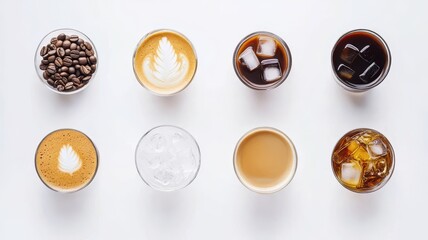 Assorted coffees on white background, including foam art latte, iced coffee with ice cubes, dark espresso, hyper realistic, top view 