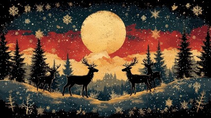 A snowy winter night with a full moon shining over a forest with silhouettes of deer.