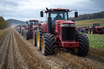 Obraz premium A line of red tractors driving on a dirt road through a field.