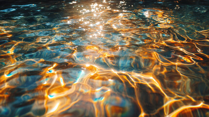 shimmering surface of crystal clear water reflects overlapping rainbow ripples, creating mesmerizing visual effect. interplay of light and color evokes sense of tranquility and beauty