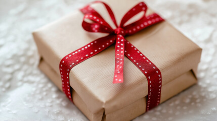 A neatly wrapped gift with a ribbon, placed on a clean surface