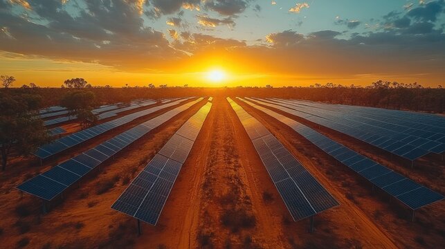 Aerial view of a solar farm at sunset. The sun sets over a field of solar panels, casting a warm glow over the landscape.