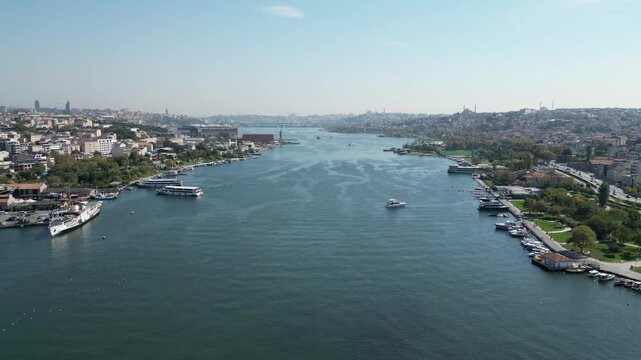 Istanbul Golden Horn view drone video shooting. Istanbul Silhouette and knee view, Istanbul Golden Horn known as the Golden Horn region