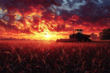 Fototapeta premium A red tractor sits in a field of tall grass at sunset with a fiery sky.
