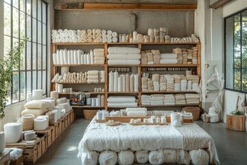 A well-stocked shop with white towels and linens displayed on shelves and a bed with a linen coverlet in the foreground.