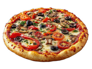 Gourmet Vegetarian Pizza Photography Illustration with Champignon Mushrooms, Mozzarella, Peppers, and Olives on White Background