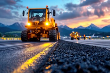 A large construction vehicle smooths fresh asphalt on an airport runway at sunset, highlighting the innovation and efficiency in modern construction practices.