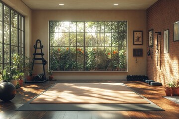 A spacious home gym with a large window overlooking a lush green garden, hardwood floors, and workout equipment.