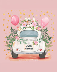 Delicate illustration with a classic car adorned with flowers and greenery, featuring a “Just Married” sign. The background is decorated with pink and gold dots, a festive atmosphere. Wedding card
