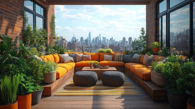 A rooftop patio with a modern sectional sofa, a cityscape view, and lush plants.