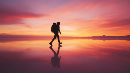 夕焼けのウユニ塩湖を歩くシルエット