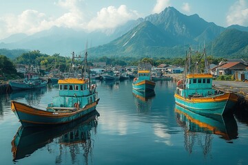 Colorful fishing boats docked in a harbor with a mountain range in the background.