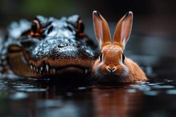 A delightful juxtaposition of a rabbit swimming side by side with an alligator, presenting a unique image of unexpected peaceful coexistence in nature.